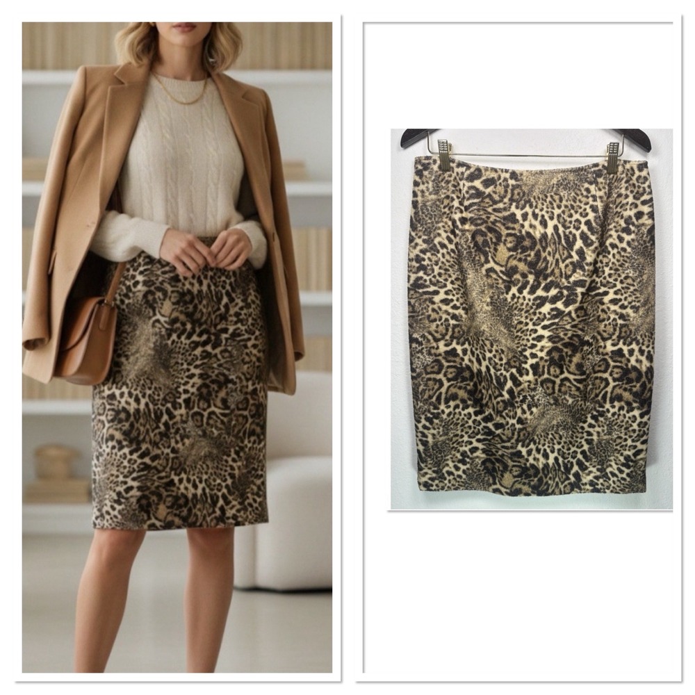 Lafayette 148 Wool Leopord Print Pencil Skirt Mob Wife Quiet Luxury Winter 12‎